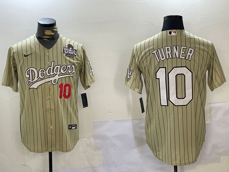Men Los Angeles Dodgers 10 Turner Green Stripe Game 2024 Nike MLB Jersey style 2